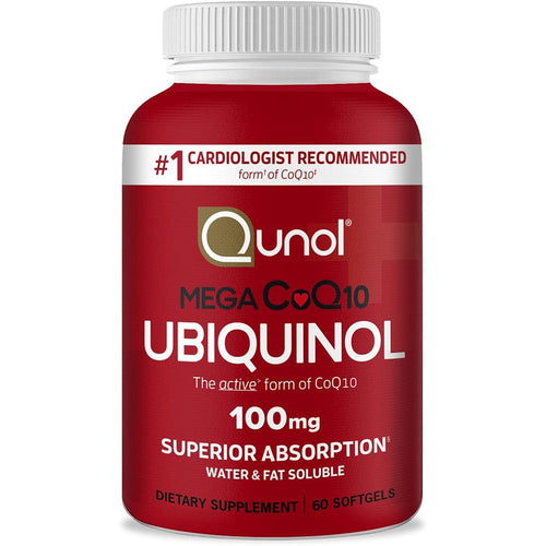 Qunol Mega Ubiquinol CoQ10 100mg front view bottle for premium cardiovascular health support.