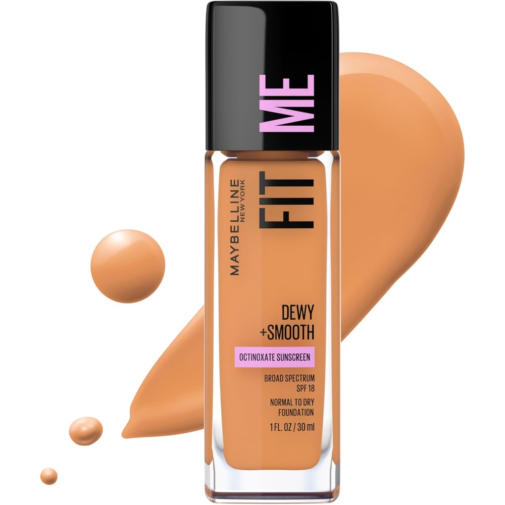 Maybelline Fit Me Dewy and Smooth Foundation 330 Toffee front view clear glass bottle with black cap