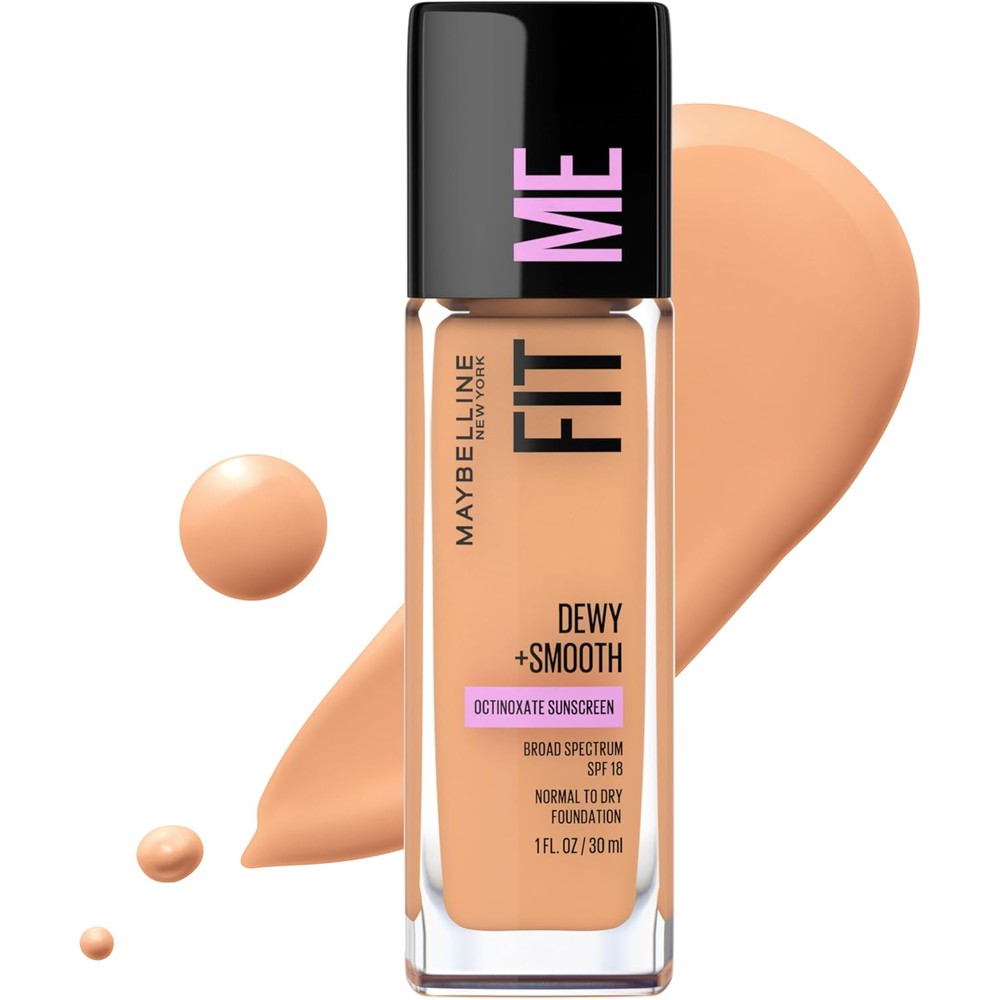 Maybelline Fit Me Dewy and Smooth liquid foundation bottle front view with Sun Beige 310 shade label