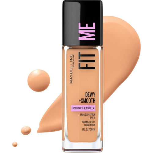 Maybelline Fit Me Dewy and Smooth liquid foundation bottle front view with Sun Beige 310 shade label