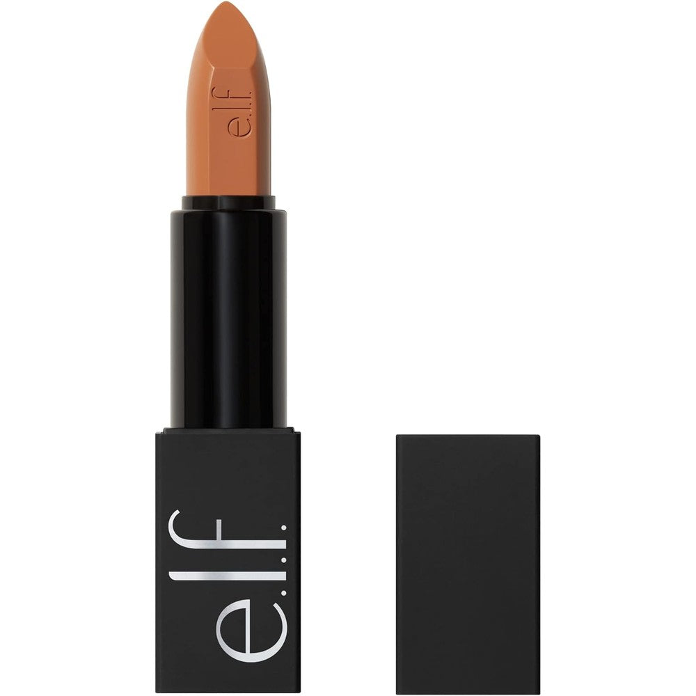 e.l.f. O Face Satin Lipstick in Hustle front view showing sleek black magnetic packaging