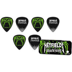 Jim Dunlop Hetfield Black Fang pick tin containing six zero point seventy three millimeter black guitar plectrums.