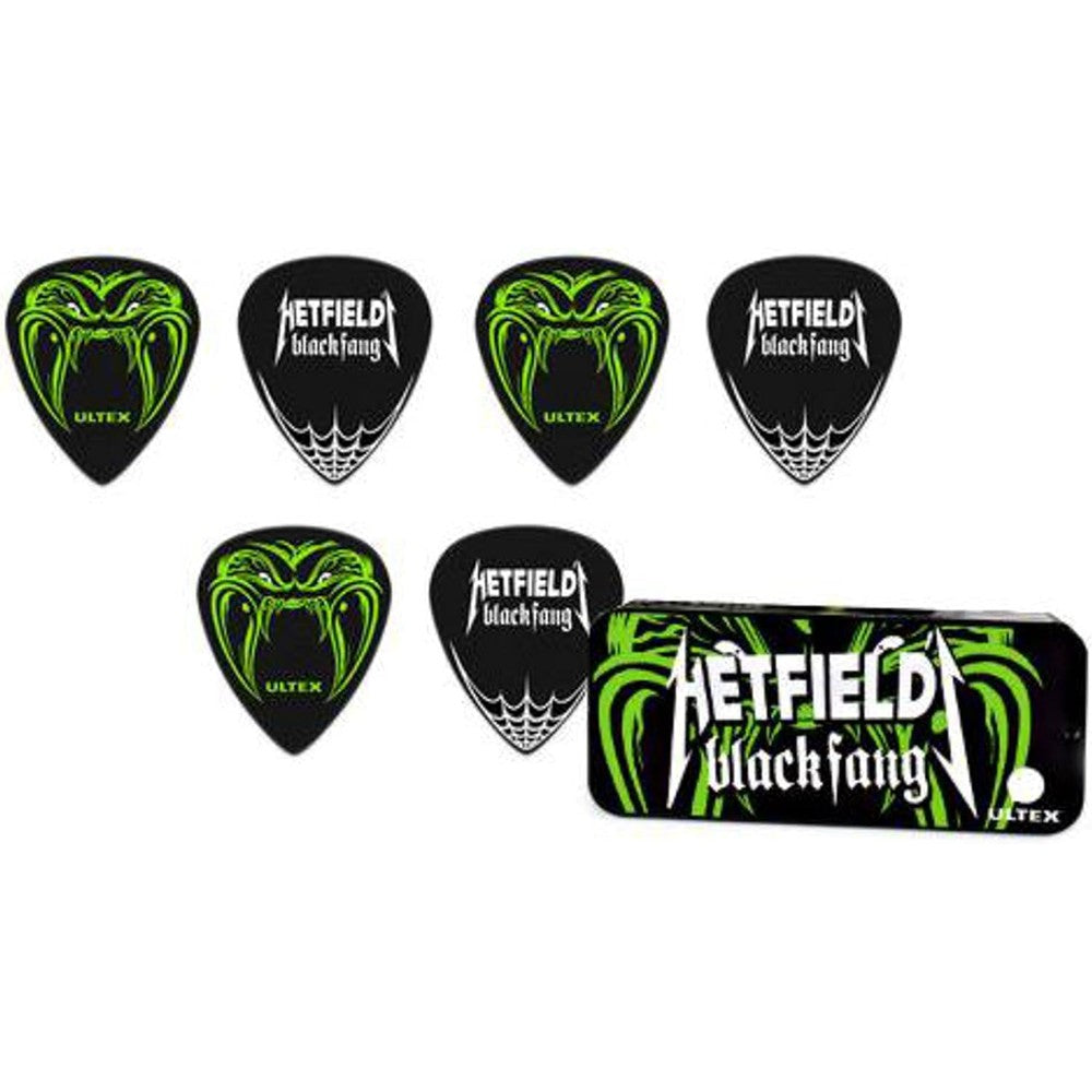 Jim Dunlop Hetfield Black Fang pick tin containing six zero point seventy three millimeter black guitar plectrums.