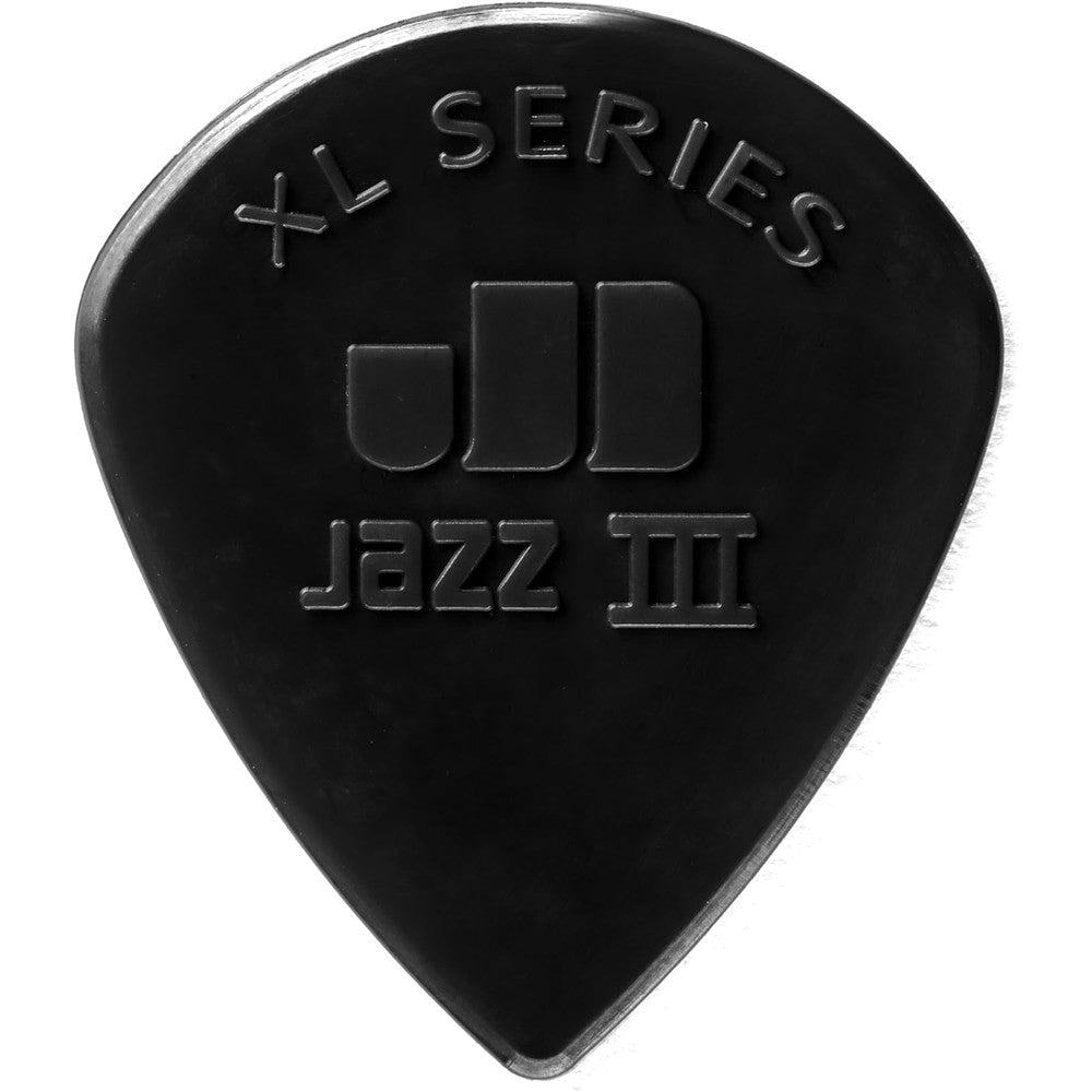 Jim Dunlop Jazz III XL Stiffo guitar pick heavy gauge twenty four pack front view showing black nylon texture
