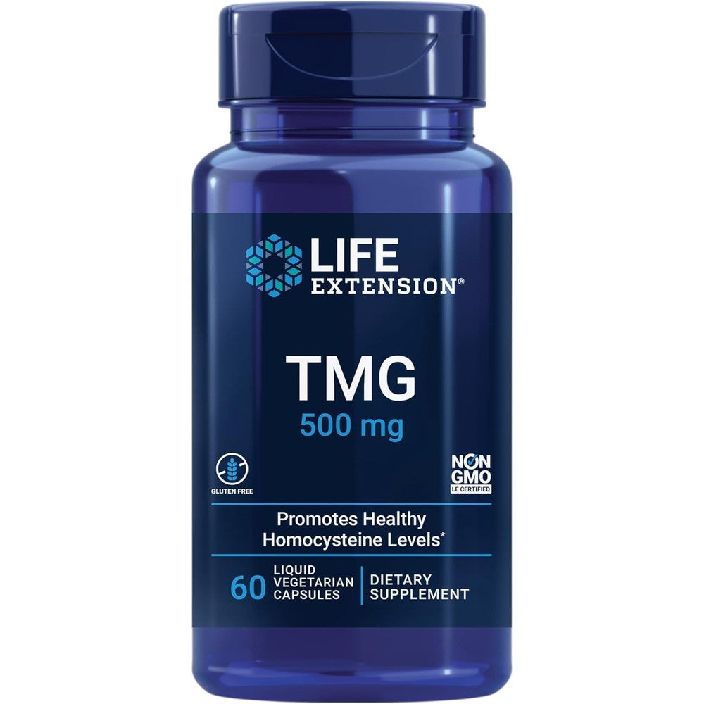 Life Extension TMG 500mg 60 liquid vegetarian capsules front bottle view for heart health support