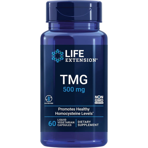 Life Extension TMG 500mg 60 liquid vegetarian capsules front bottle view for heart health support