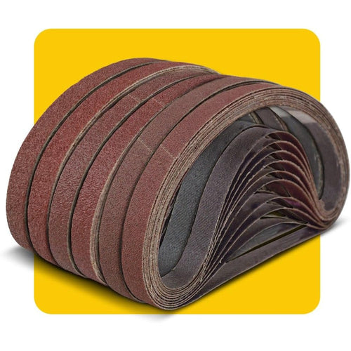 TPmax Aluminum Oxide Sanding Belt pack front view showcasing the assorted grit options.