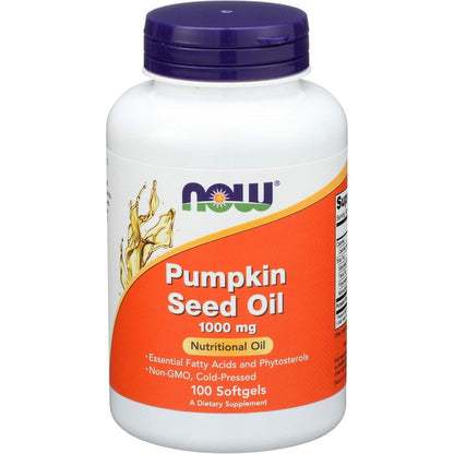NOW Foods Pumpkin Seed Oil 1000 mg 100 softgels bottle front view for hair growth support.