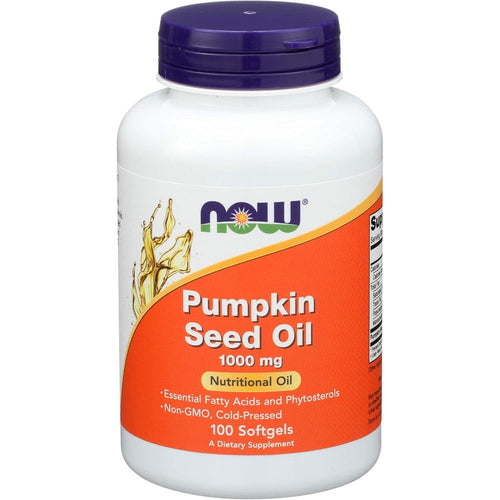 NOW Foods Pumpkin Seed Oil 1000 mg 100 softgels bottle front view for hair growth support.