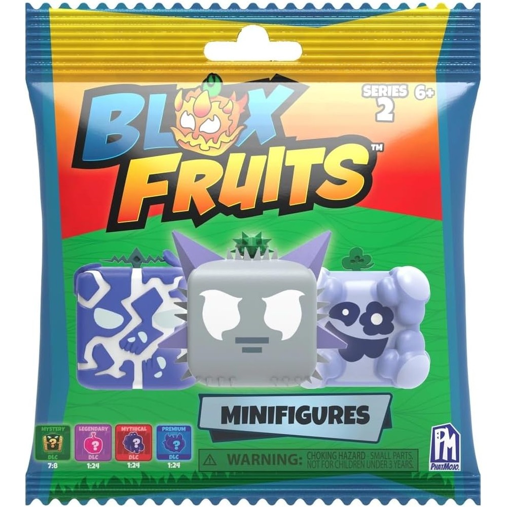 PhatMojo Blox Fruits Mini Figures Series 2 mystery blind bag packaging front view showing authentic collectible toy graphics.