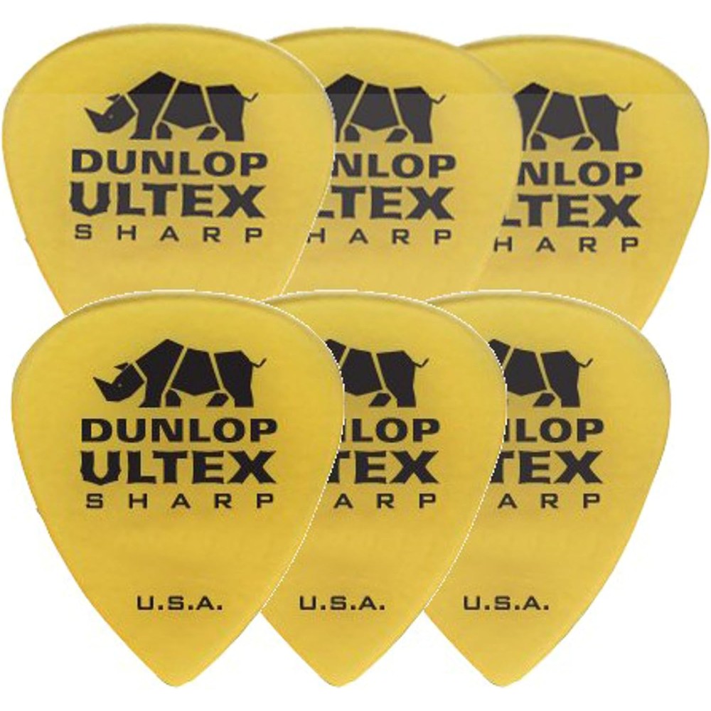 Jim Dunlop Ultex Sharp 2.0mm guitar picks front view of six yellow plectrums pack.