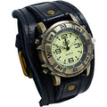 Avaner vintage leather steampunk watch front view showcasing the black wide cuff strap and bronze round dial
