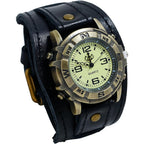 Avaner vintage leather steampunk watch front view showcasing the black wide cuff strap and bronze round dial