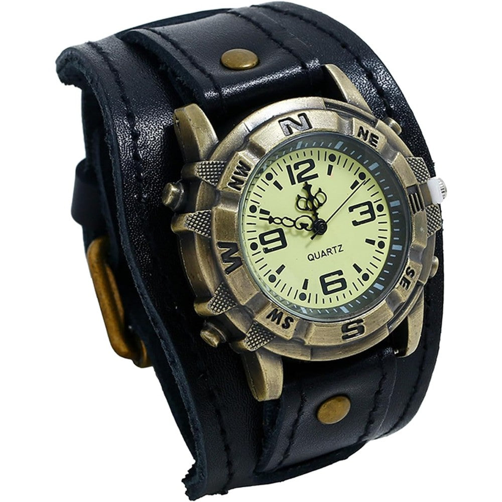 Avaner vintage leather steampunk watch front view showcasing the black wide cuff strap and bronze round dial