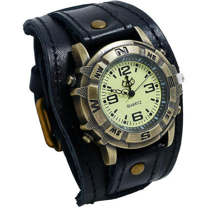 Avaner vintage leather steampunk watch front view showcasing the black wide cuff strap and bronze round dial