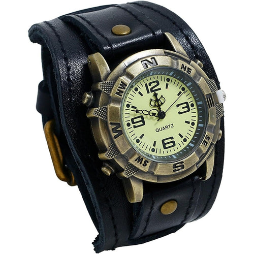 Avaner vintage leather steampunk watch front view showcasing the black wide cuff strap and bronze round dial