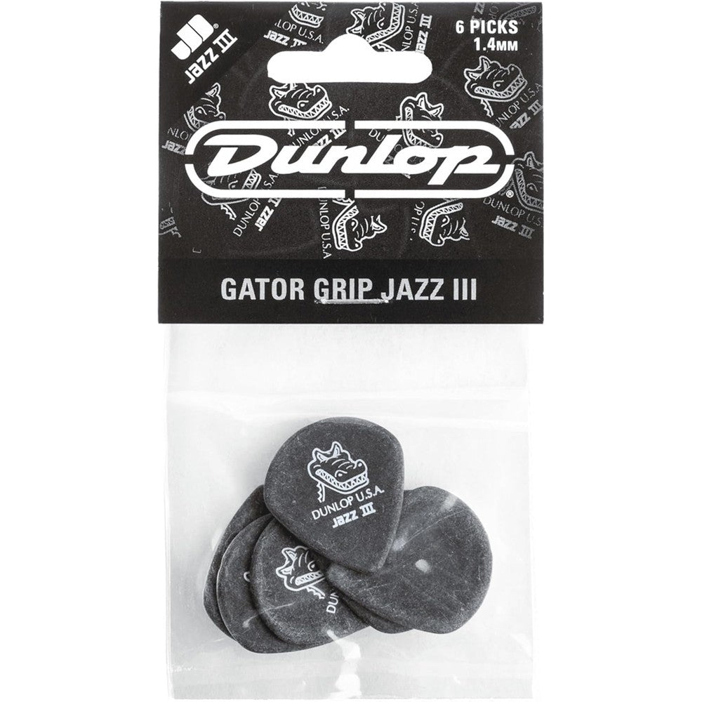Jim Dunlop Gator Grip Jazz III 1.4mm guitar picks front view showing the textured matte finish.