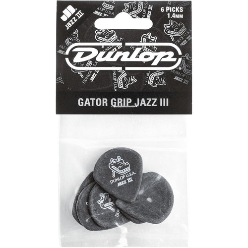 Jim Dunlop Gator Grip Jazz III 1.4mm guitar picks front view showing the textured matte finish.