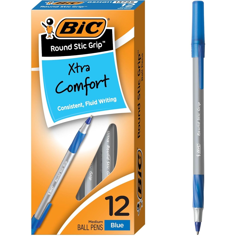 BIC Round Stic Grip Xtra Comfort Ballpoint Pen Medium Point 1.2 mm Blue Ink 12 Count Pack