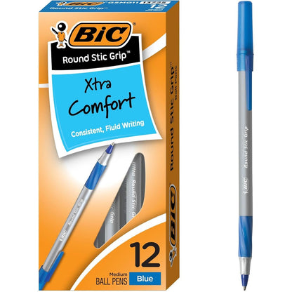 BIC Round Stic Grip Xtra Comfort Ballpoint Pen Medium Point 1.2 mm Blue Ink 12 Count Pack