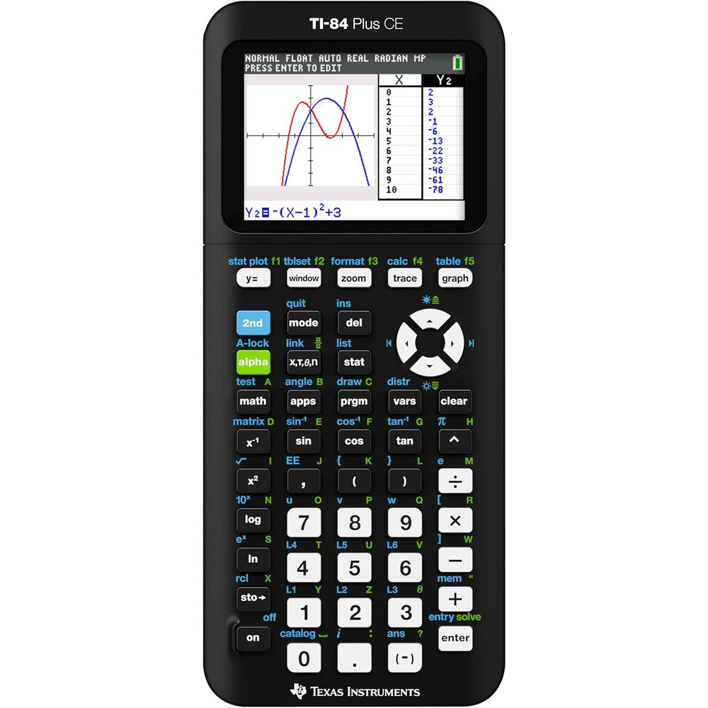 Texas Instruments TI-84 Plus CE Color Graphing Calculator front view showing a multi-colored parabolic function graph on the display.