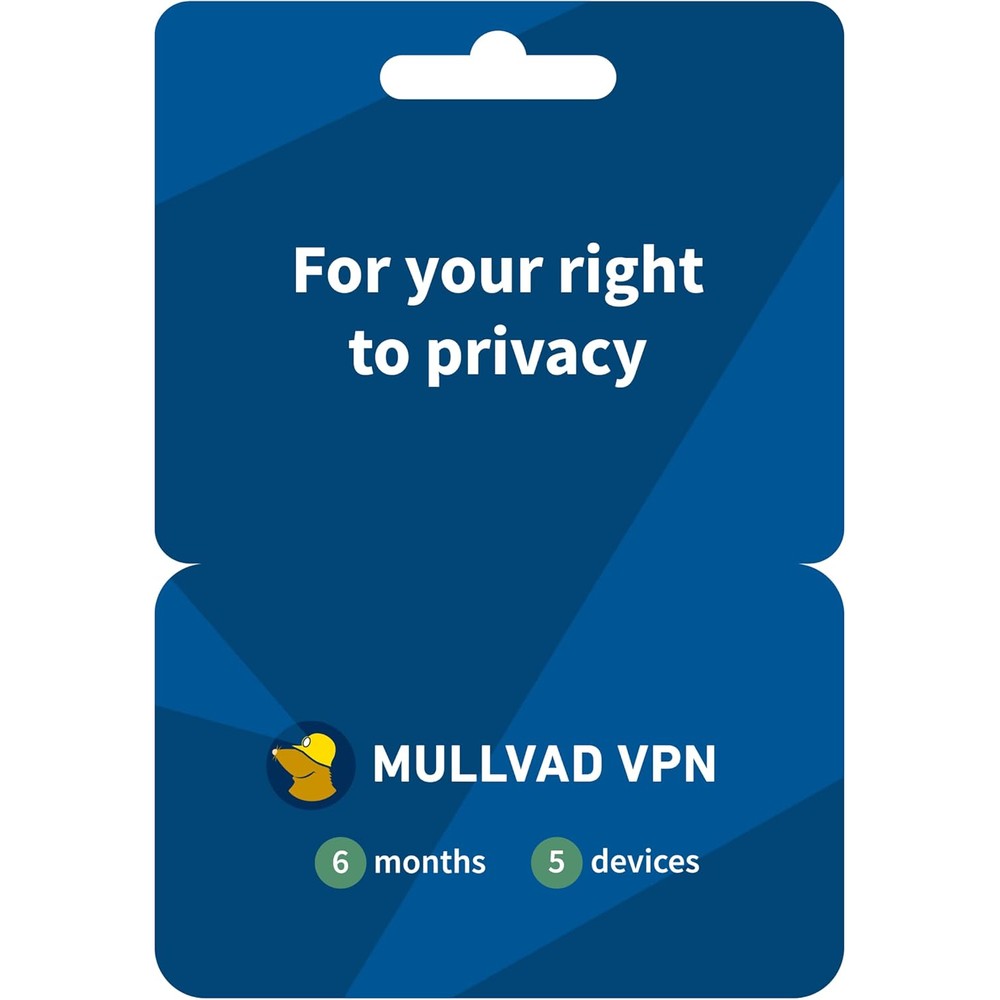 Mullvad VPN six month subscription software card front view packaging.