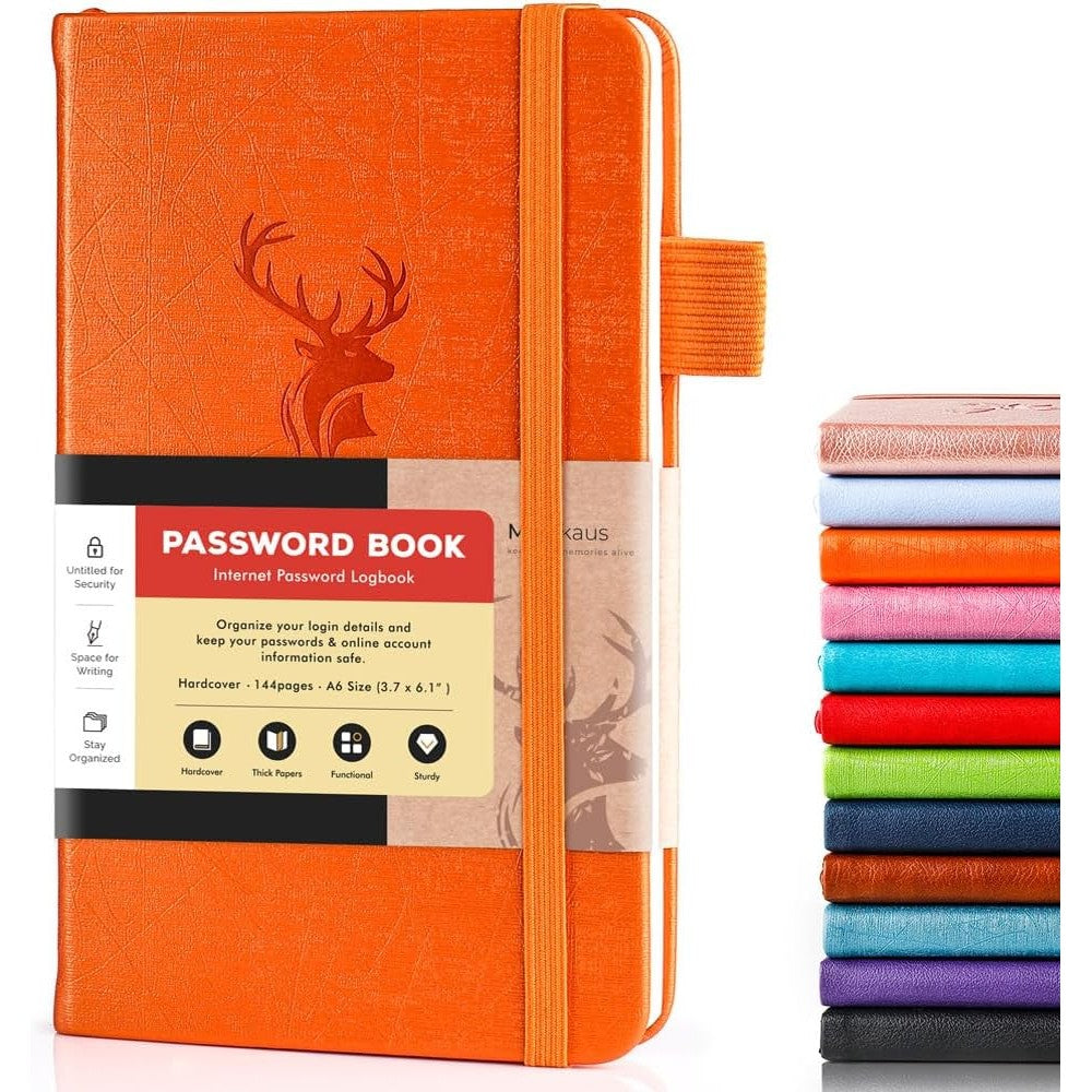 Molekaus password book with alphabetical tabs front view orange internet log in notebook