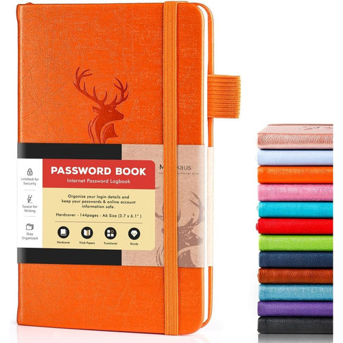 Molekaus password book with alphabetical tabs front view orange internet log in notebook