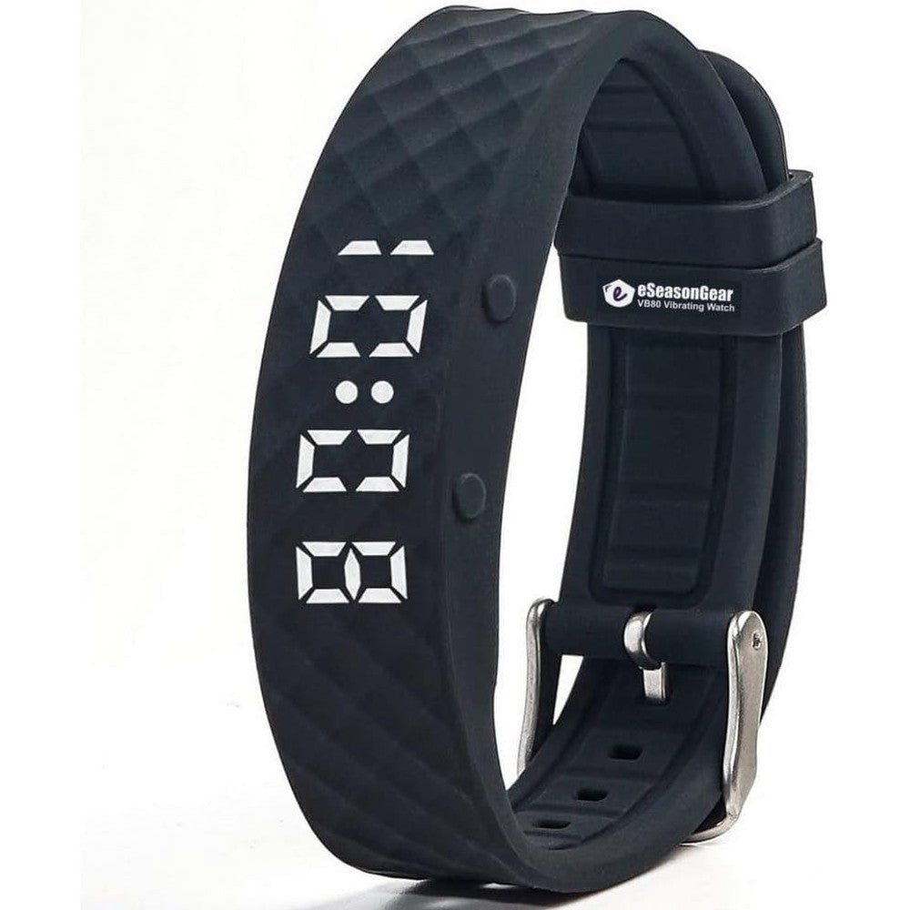 eSeasonGear VB80 vibrating alarm watch front view showing the black textured silicone strap and digital screen for ADHD medication reminders.