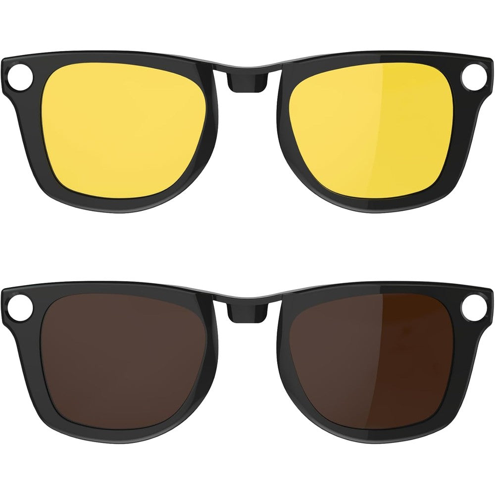 HiBloks polarized clip on sunglasses front view showing the shiny black frame with yellow and brown lenses