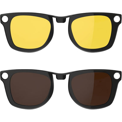 HiBloks polarized clip on sunglasses front view showing the shiny black frame with yellow and brown lenses
