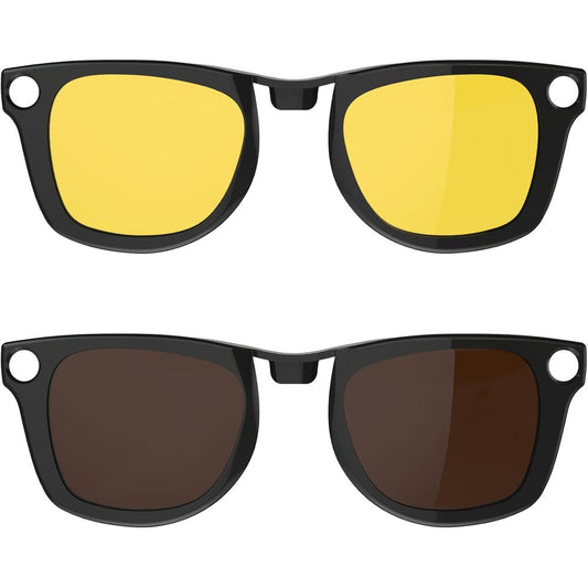 HiBloks polarized clip on sunglasses front view showing the shiny black frame with yellow and brown lenses