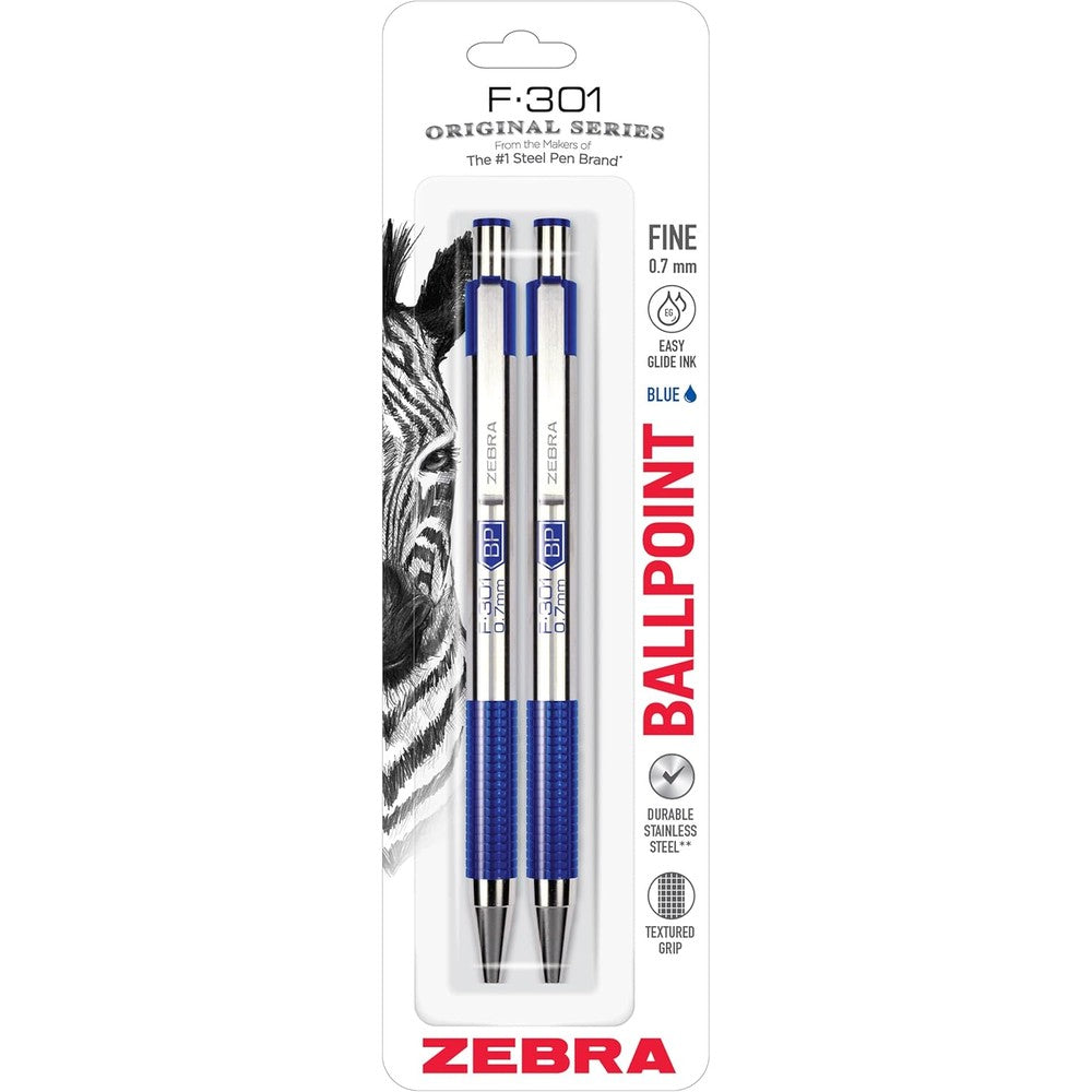 Zebra Pen F-301 Ballpoint Stainless Steel Retractable Pen Fine Point 0.7mm Blue Ink 2-Count