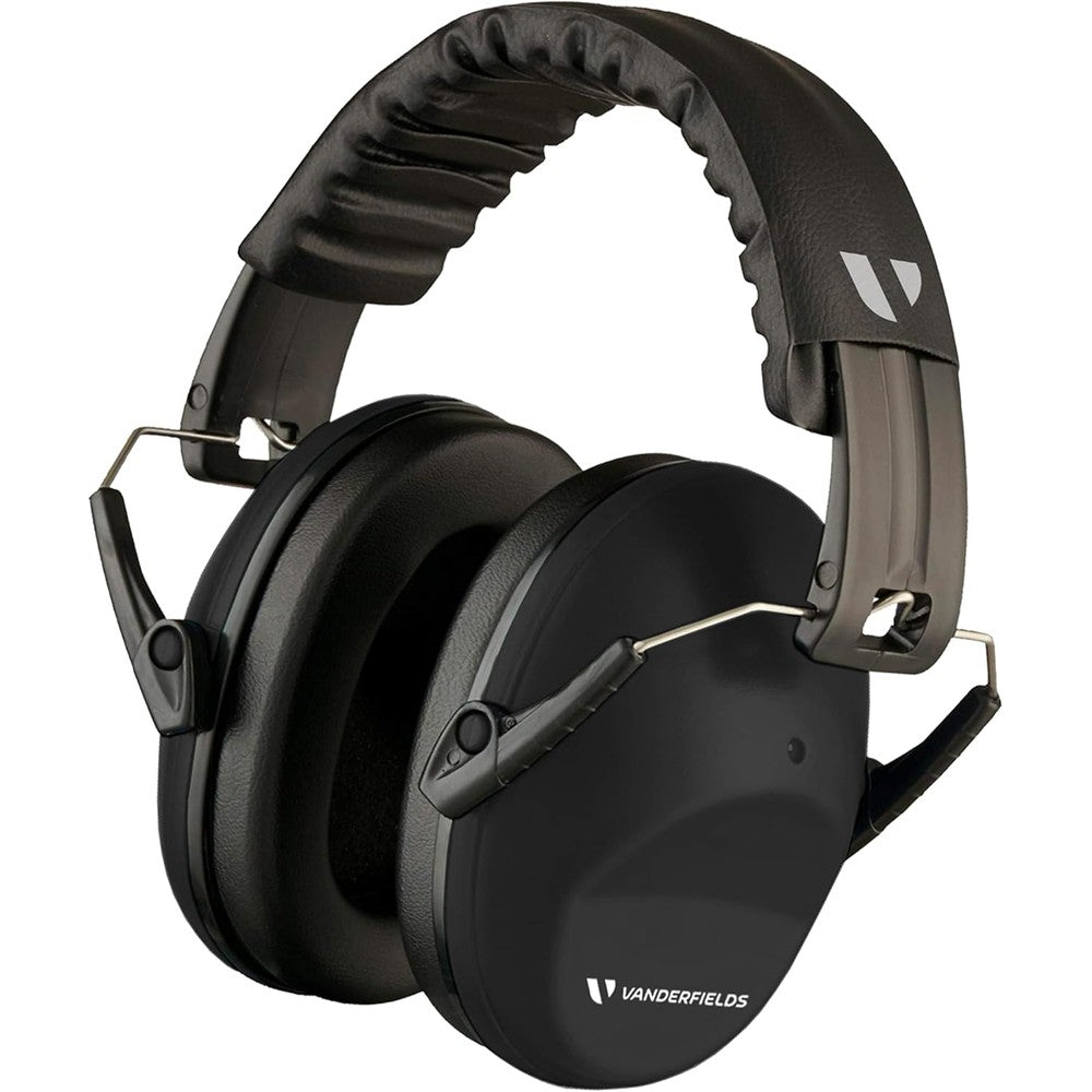 Vanderfields hearing protection ear muffs black front view showcasing the padded adjustable headband.