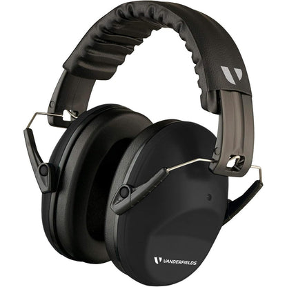 Vanderfields hearing protection ear muffs black front view showcasing the padded adjustable headband.