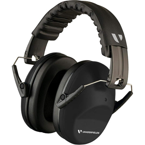 Vanderfields hearing protection ear muffs black front view showcasing the padded adjustable headband.