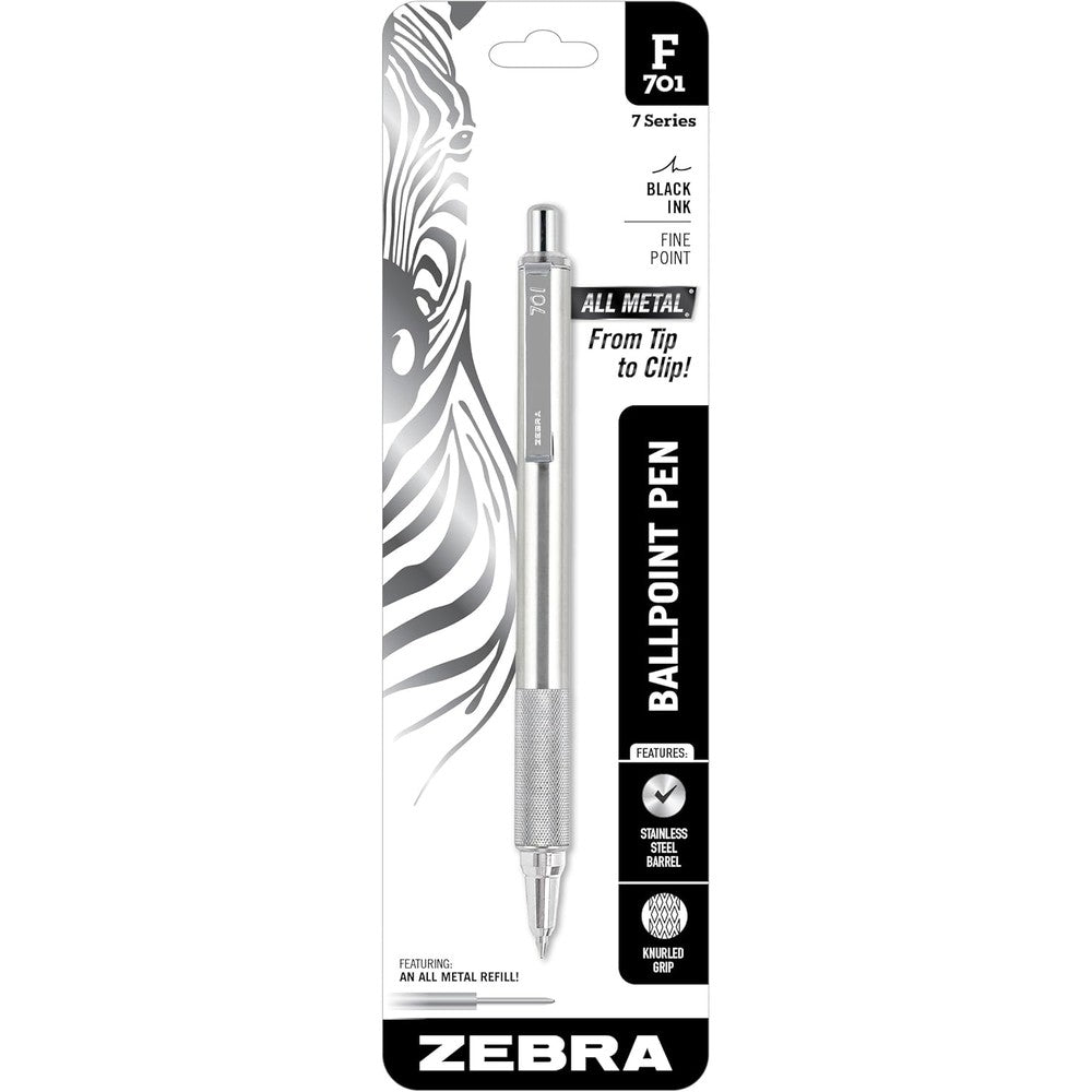 Zebra Pen F-701 stainless steel ballpoint pen front view showcasing the premium metallic finish.