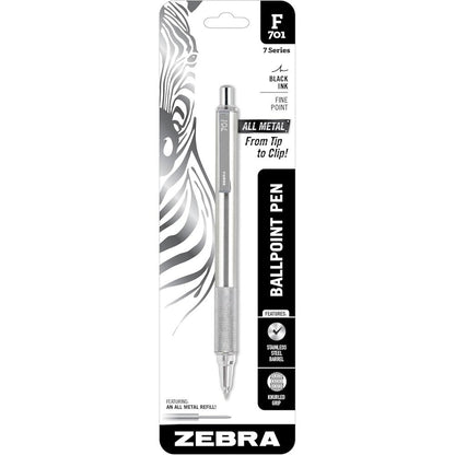 Zebra Pen F-701 stainless steel ballpoint pen front view showcasing the premium metallic finish.
