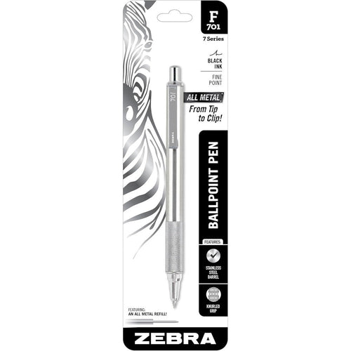 Zebra Pen F-701 stainless steel ballpoint pen front view showcasing the premium metallic finish.