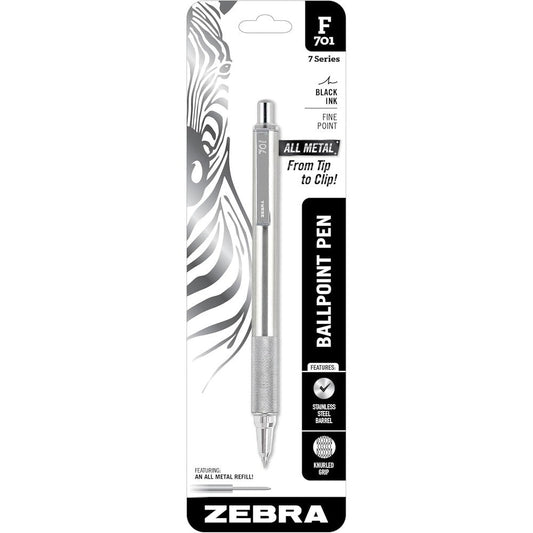 Zebra Pen F-701 stainless steel ballpoint pen front view showcasing the premium metallic finish.