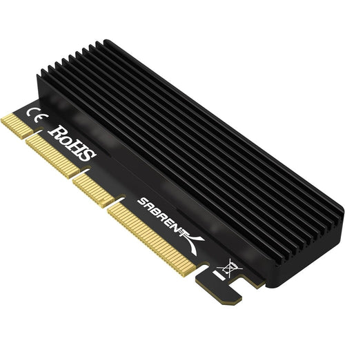 Sabrent NVMe M.2 SSD to PCIe adapter card front view showing the premium black printed circuit board