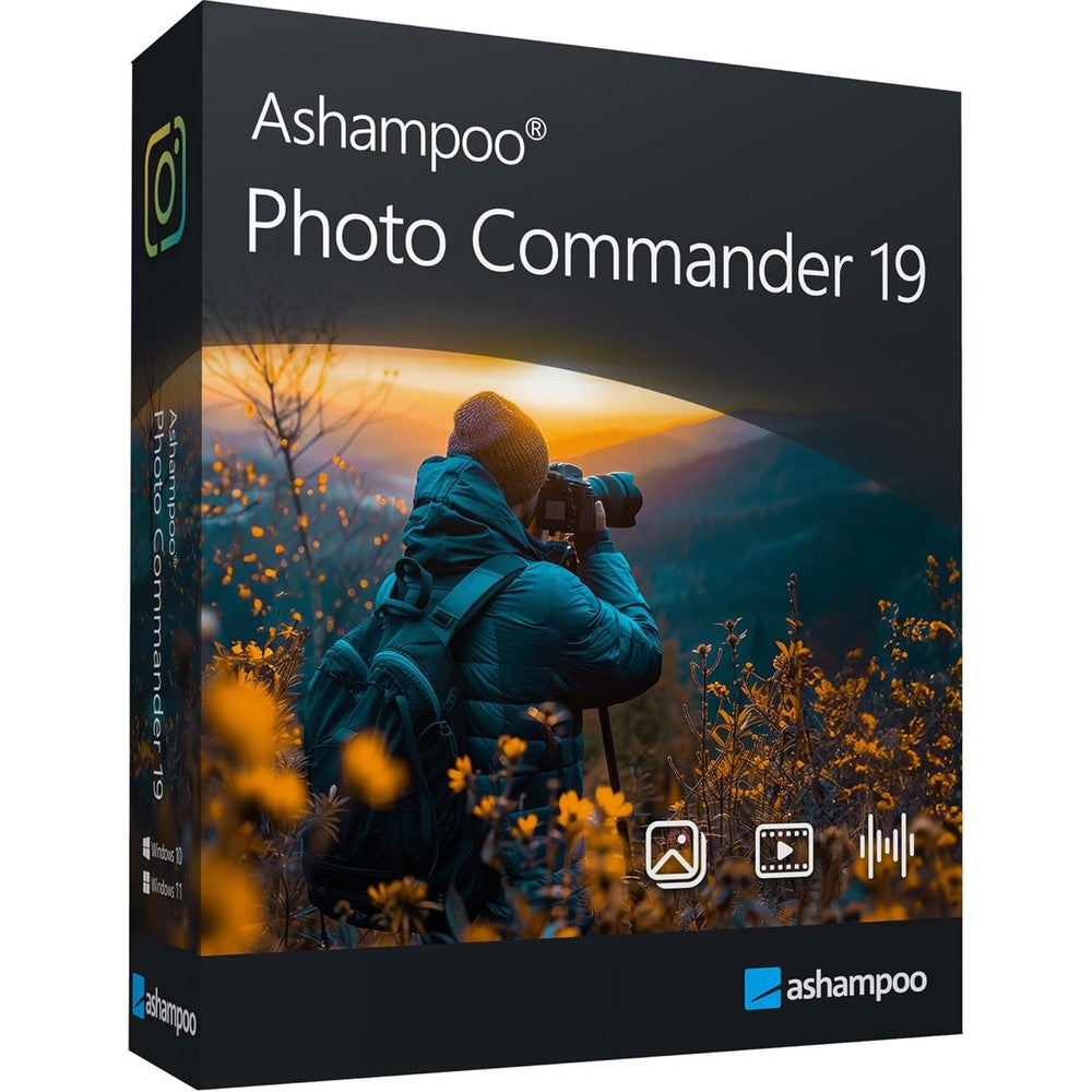 Markt + Technik Photo Commander 19 retail box front view showing photo editing and graphic design software compatibility labels
