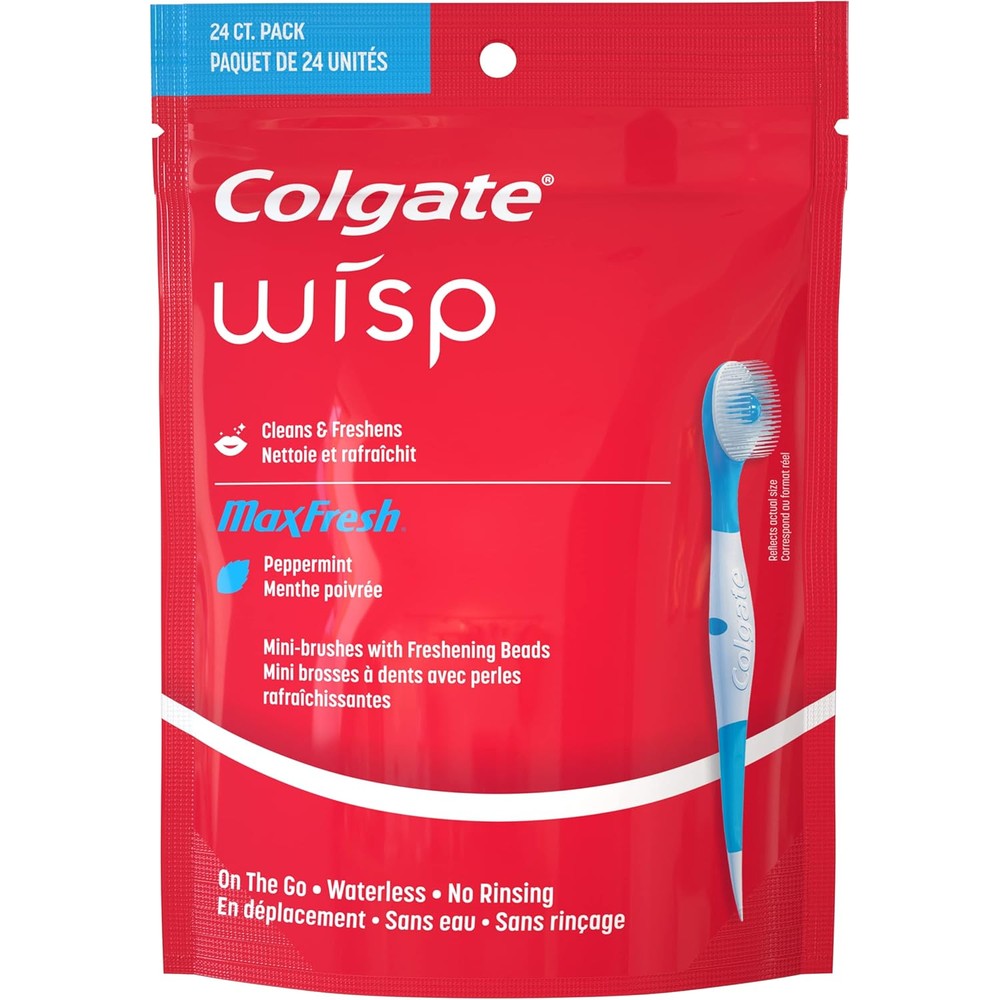 Colgate Max Fresh Wisp disposable mini toothbrush front packaging view for portable oral hygiene.