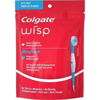 Colgate Max Fresh Wisp disposable mini toothbrush front packaging view for portable oral hygiene.