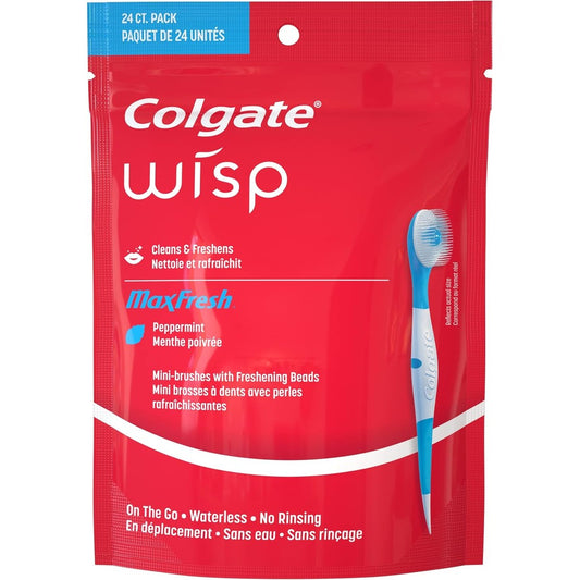 Colgate Max Fresh Wisp disposable mini toothbrush front packaging view for portable oral hygiene.