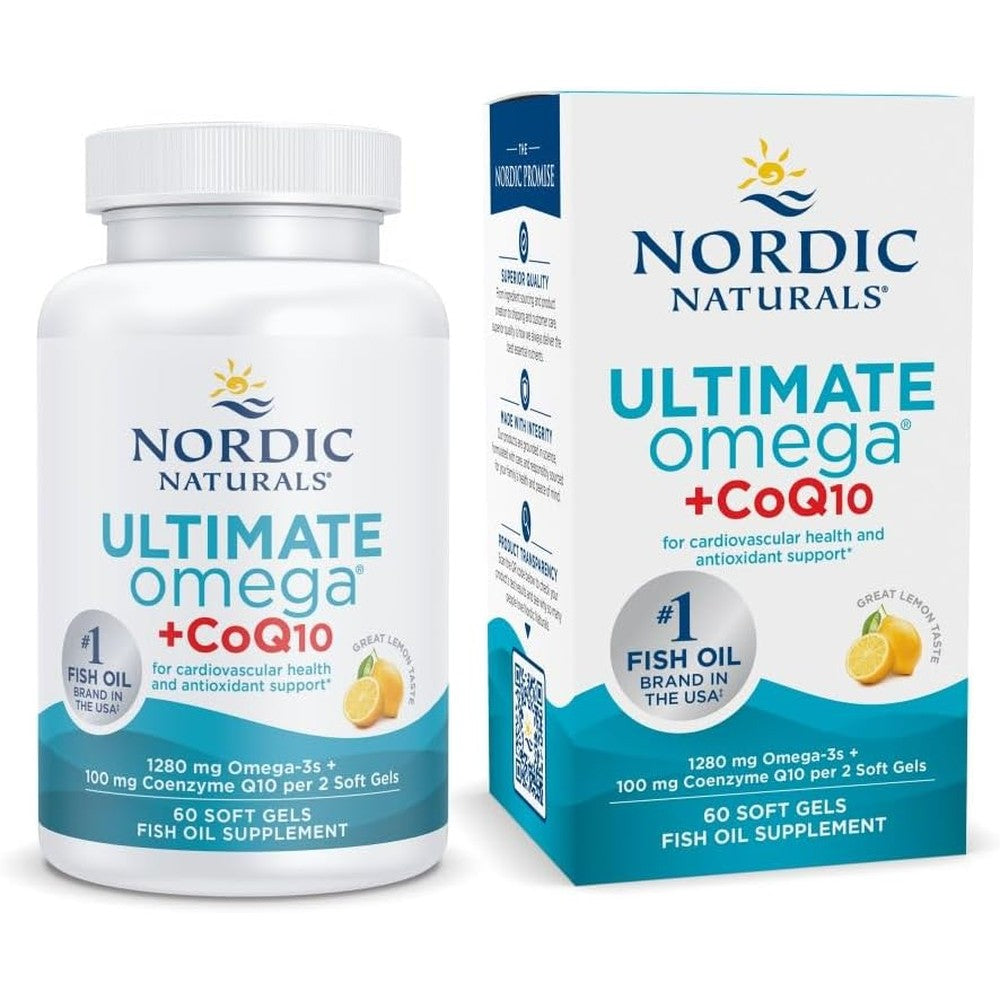Nordic Naturals Ultimate Omega And CoQ10 Supplement With 1280 Mg Omega 3 Fish Oil And Ubiquinol CoQ10 100 Mg Lemon Flavour 60 Softgels