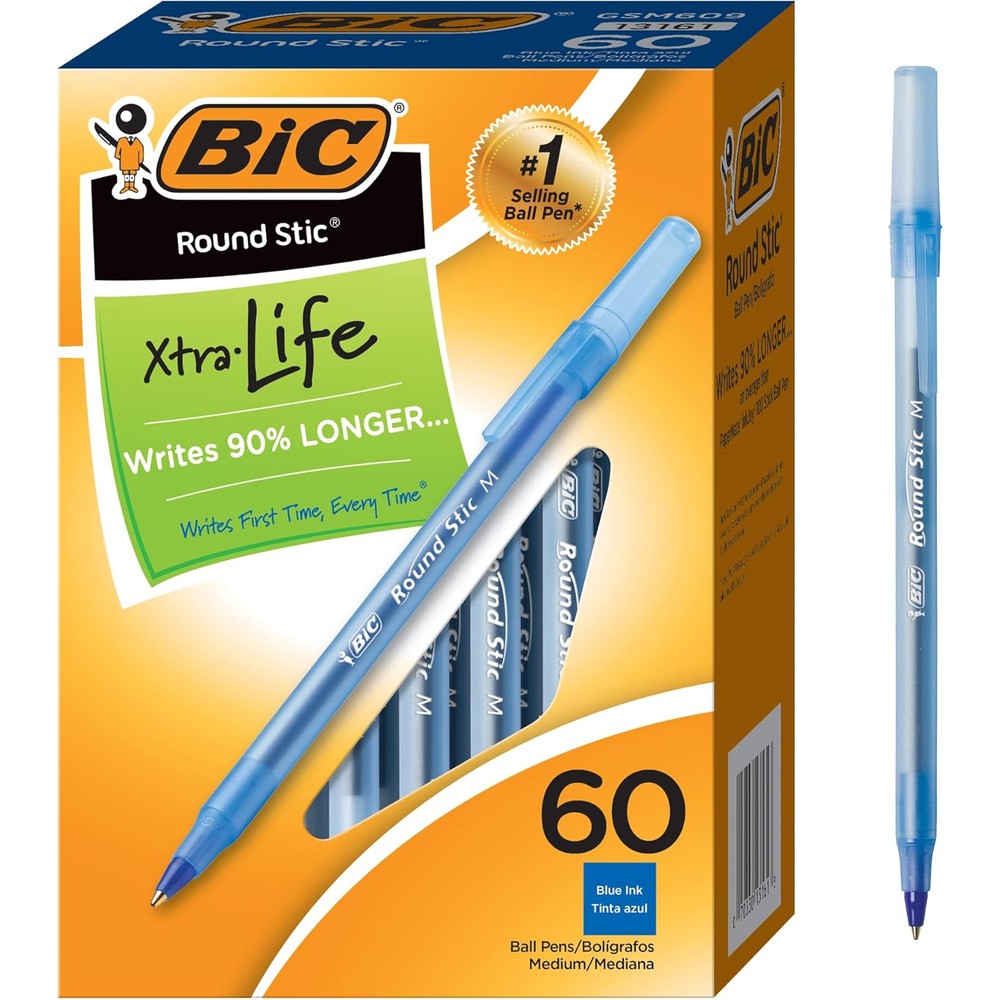 BIC Round Stic Xtra Life Ballpoint Pen Medium Point One Point Zero Millimeter Blue Ink Pack of Sixty