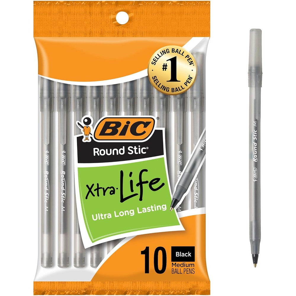BIC Round Stic Ballpoint Pen Medium Point One Point Zero Millimeter Black Ink Ten Pack