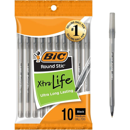 BIC Round Stic Ballpoint Pen Medium Point One Point Zero Millimeter Black Ink Ten Pack