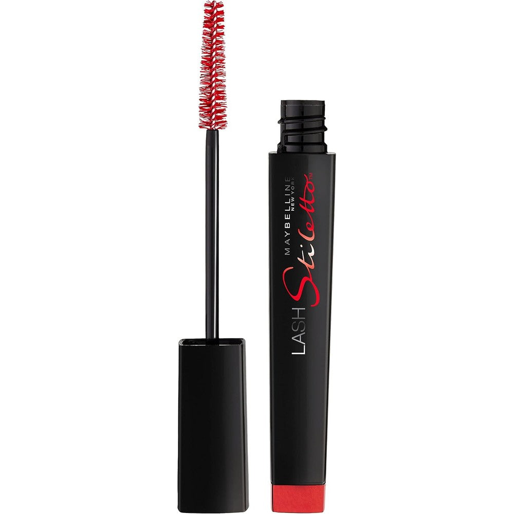 Maybelline Lash Stiletto Ultimate Length Waterproof Mascara front view showcasing the sleek black tube and red cap.